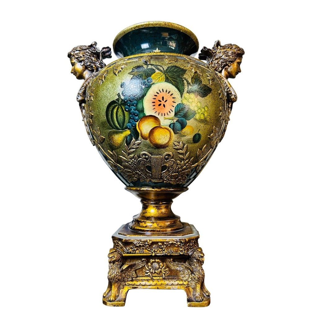 Vintage Italian Villa Neoclassical Amphora Urn Pedestal Vase Figural Handles 18"